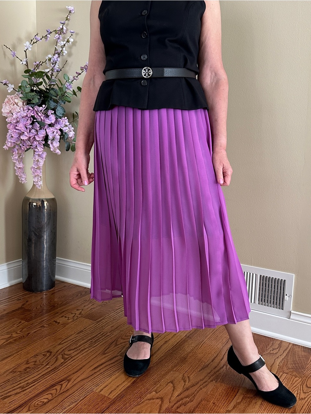 Purple Pleated A Line Midi Pull-on Elasticized Waist Women's Skirt, Sz M-L